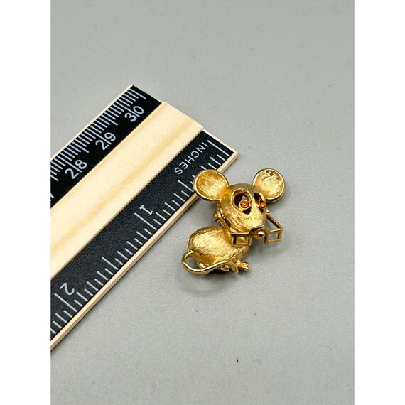 Broche Vintage Souris Avec Lunettes Articulées Et Strass - Métal Doré Années 90 - Accessoire Rétro