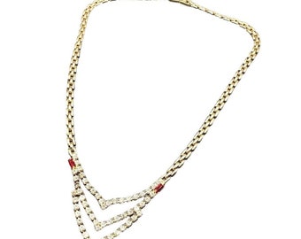 Dainty Rhinestones Necklace Red Accents Gold Tone Flat Chain Prong Set Stones