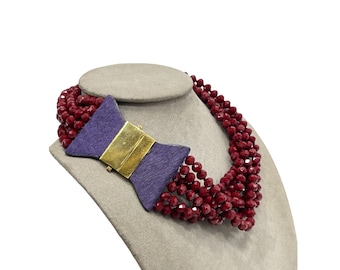 Vintage Multi Strand Necklace Faceted Red Glass Beads with Purple Bow Clasp