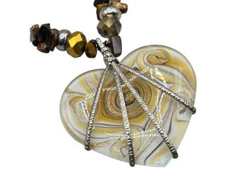 Art Glass Heart Pendant Necklace Beaded Glass Beads Chunky Statement Jewelry