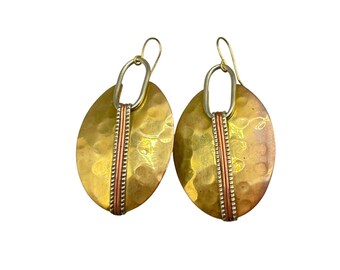 Brutalist Mixed Metals Dangles Earrings Brass And Copper Pierced Oval Dangles