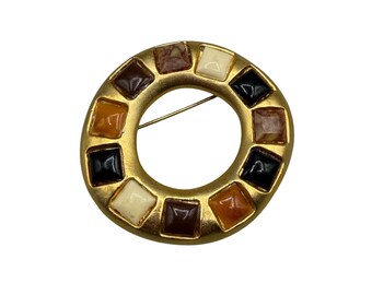 Vintage Wheel Brooch Matte Gold Tone Colorful Earthy Tones faux Stones