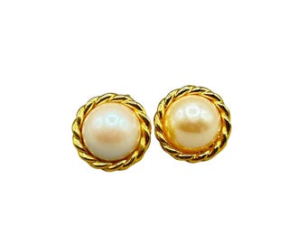 Vintage Classic Gold Tone Clip On Earrings with Faux Pearl Center Round