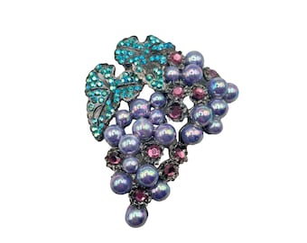 THELMA DEUTSCH Purple Pearls Grape Cluster Brooch Pin Borealis Aqua Rhinestones