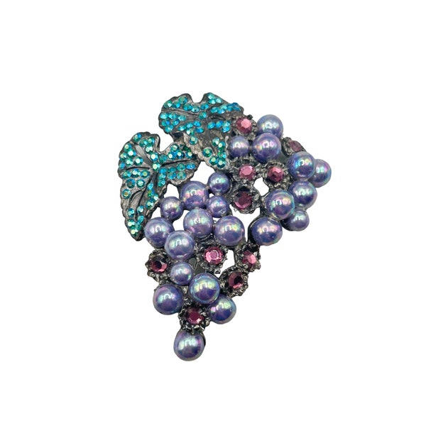 THELMA DEUTSCH Purple Pearls Grape Cluster Brooch Pin Borealis Aqua Rhinestones