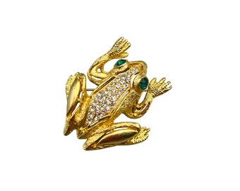 Frog Pin Brooch Gold Tone And Green Rhinestones Eyes Animal Figural Pin
