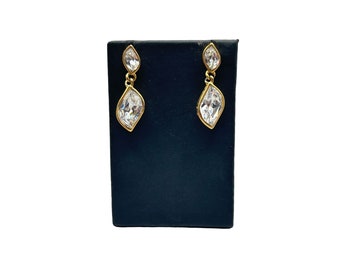 1980s Trifari Earrings Gold Tone Pierced Dangles Clear Stones Designer Signed