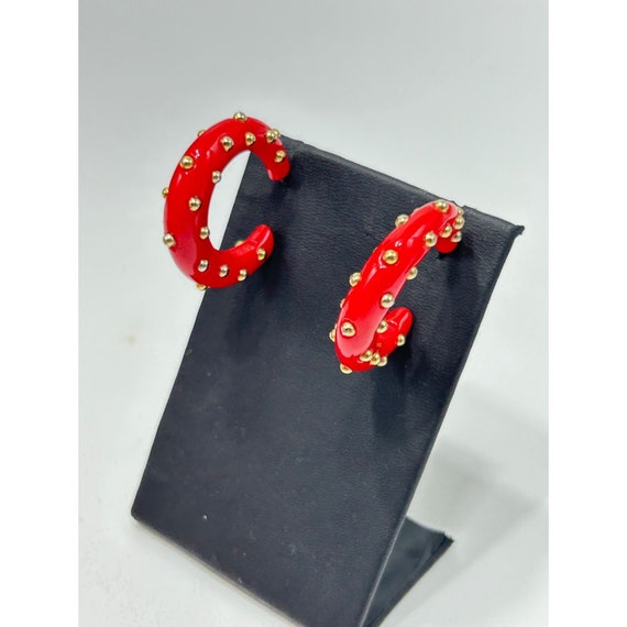 Signed KJL Red Hoops Earrings Studded Gold Dots P… - image 3