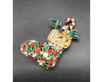 Christmas Socks Brooch Vintage Jeweled Stocking Pin Colorful Holiday Jewelry