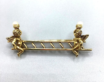 Vintage Angels On Ladder Pin Brooch Gold Tone Cherubs with Pearls Angel Jewelry