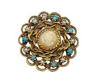 Vintage Signed GOLDETTE Cameo Pin Brooch Genuine Carved Shell Cameo Gold Tone Setting
