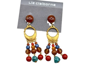 LIZ CLAIBORNE 80s Earrings Clip On Long Dangles Matte Gold Tone With Colorful Beads