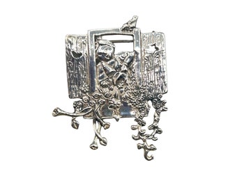 Meink 925 Signed Handcrafted Sterling Silver Pin Plant Lady On Her Window