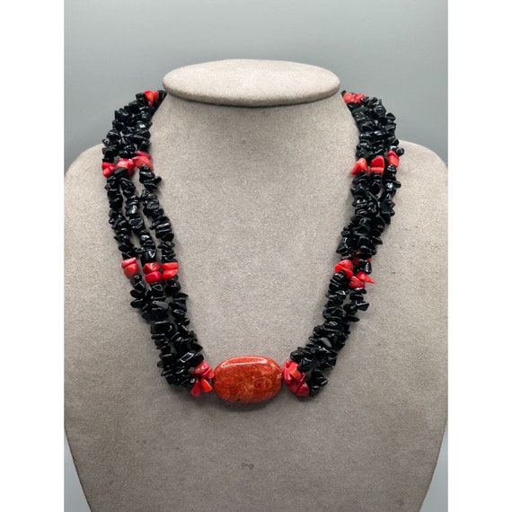 Vintage Black Onyx and Red Sponge Coral Necklace … - image 4