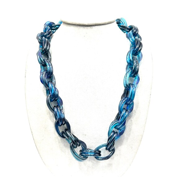 Vintage Celluloid Necklace Blue Chunky Chain Gold… - image 2