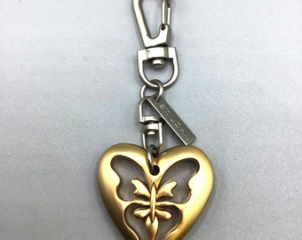 St John Keyring Heart & Butterfly Matte Gold Tone Key Holder Bag Purse Charm Fob