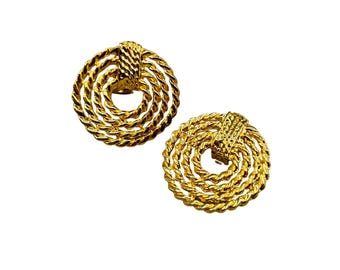 Vintage Gold Tone Textured Bold Statement Clip On Earrings Spiral Rope Design