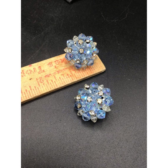 Blue Crystals Earrings Clip On Cluster with Rhine… - image 4