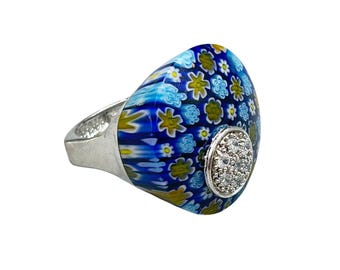 Vintage Murano Millefiori Glass Rig Size 9 Sterling Silver Blue Cae Glass Flowers CZ Stones