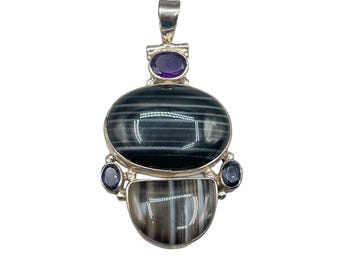 Black Striped Agate Amethyst Pendant Silver 925 Genuine Semi Precious Stones