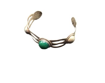 Vintage JFR Mexico Signed Sterling Silver Cuff Bracelet Handcrafted Green Stone