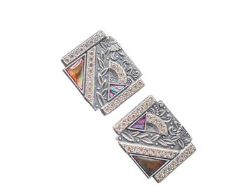 NURI clip On Earrings Vintage Pewter Art Deco Style Geometric Square Earrings
