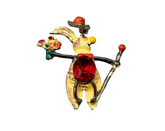 Vintage Trembler Pin Brooch Magician Bunny with Trembling Hat Flowers and Cane