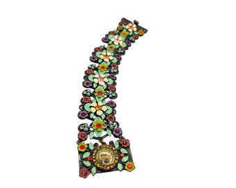 Wide Multi Color Enamel Flowers Bracelet Signed MX MICHAEL MORRISON Designer Jewelry