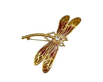 Gold Tone Dragonfly Pin Brooch Crystal Accents Plique A Jour Style Wings