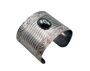 Vintage Wide Ornate Cuff Bracelet Silver Tone and Hematite Cabochon Boho Style