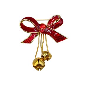 Vintage Red Enamel Bow Pin Brooch with Jingling Bells Holidays Christmas Jewelry