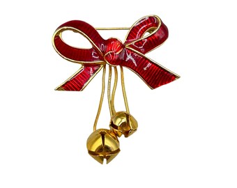 Vintage Red Enamel Bow Pin Brooch with Jingling Bells Holidays Christmas Jewelry