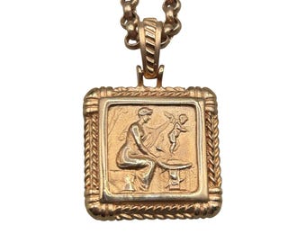 TAGLIAMONTE Bronze Italy Necklace Cameo Style Square Pendant And Chain Designer Signed Jewelry