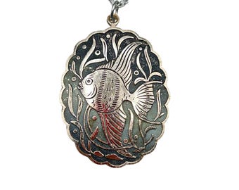 WEST GERMANY Fish Necklace Vintage Eloxal Pendant Oval Lightweight Medallion Necklace
