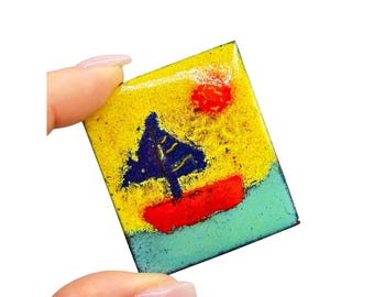 Vintage Wearable Art Pin Brooch Enamel On Copper Sailboat One Of A Kind