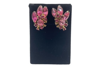 Vintage Pink Rhinestones Earrings Clip On Layered Judy Lee Style Design UNSIGNED