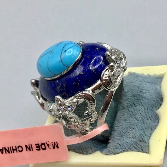 Lapis Lazuli & Turquoise Stone Ring Size 8 Semi P… - image 5