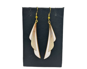 Vintage White Enamel Gold Tone Dangles Earrings Long Drops 70s Costume Jewelry