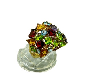 Colorful Gemstones Cluster Ring Size 7 Gold Tone Quality Multicolor Costume Ring