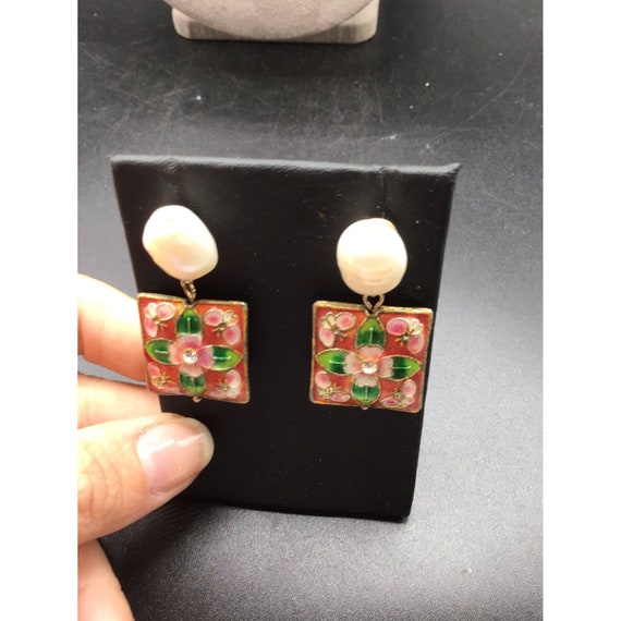 Pearls Dangle Earrings Cloisonne Enameled Square … - image 4