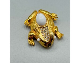 Rhinestone Frog Brooch Gold Tone & White Cabochon Vintage Animal Pin Unsigned