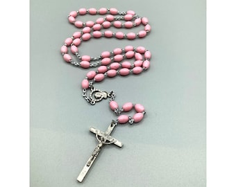 Vintage Pink Plastic Rosary Prayer Necklace Interlocked Links Religious Necklace