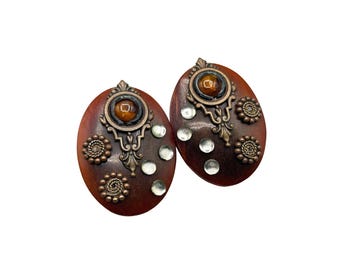 Vintage Treska Large Oval Clip On Earrings Dark Brown Resin Metal Glass Accents