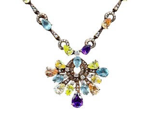 Colorful Jewel Tones Necklace Sterling Silver & Glass Stones Elegant Jewelry