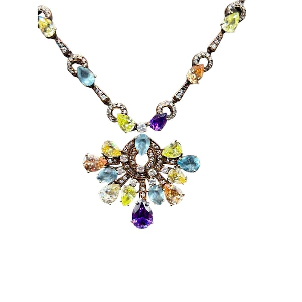 Colorful Jewel Tones Necklace Sterling Silver & Glass Stones Elegant Jewelry