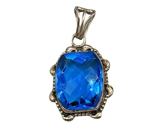 Sterling Silver Pendant with Blue Faceted Glass Stone Art Deco Style