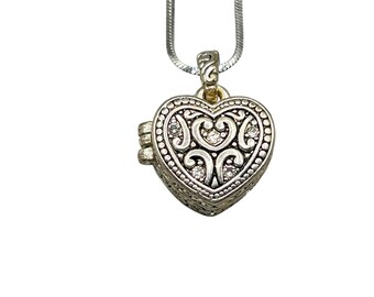 Heart Locket Necklace Silver Tone ANd Rhinestones With Magnetic Closure