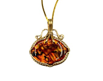 Wire Wrapped Resin Pendant Necklace with Gold Tone Chain