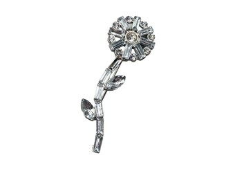 Petite Flower Pin Brooch with Stem Clear Acrylic Rhinestones Silver Tone Metal