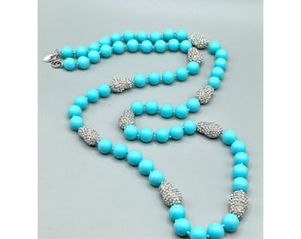 Turquoise Glass Beaded Necklace Rhinestones Bead Stations Long Knotted Strand